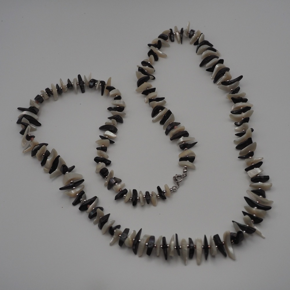 Vintage Necklace Black White Shell Chip Bead Long Strand Coastal Beach Boho